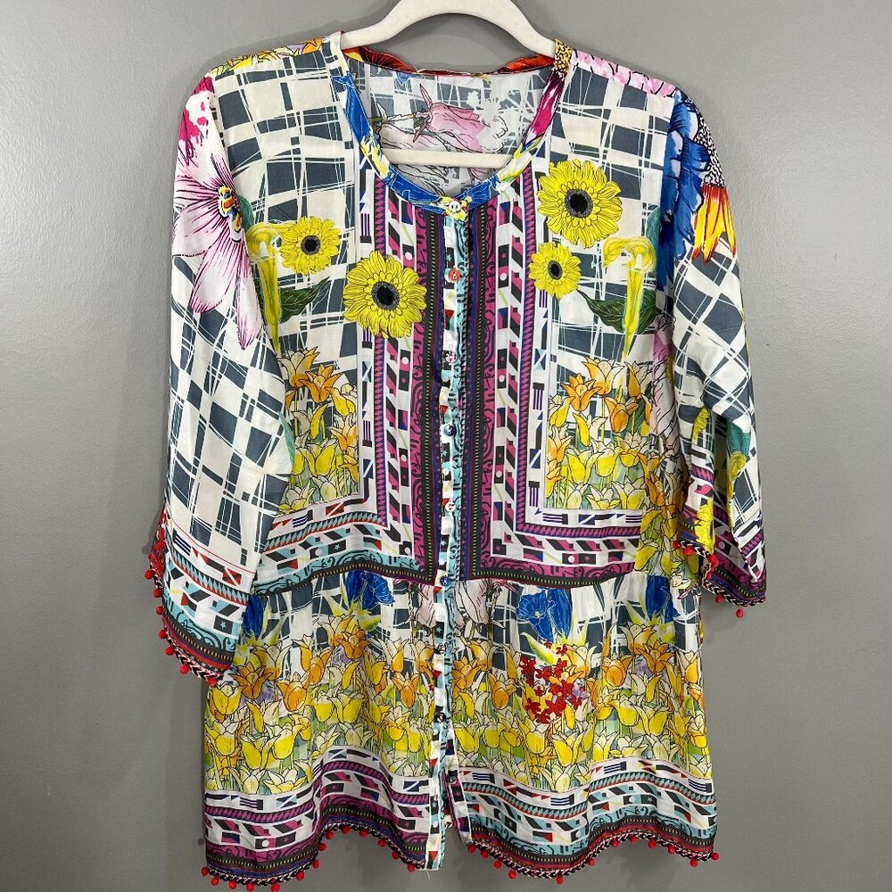 Johnny Was Silk Multi Color Shear Theda Button Front 1/2 sleeve Tunic Sz Med
